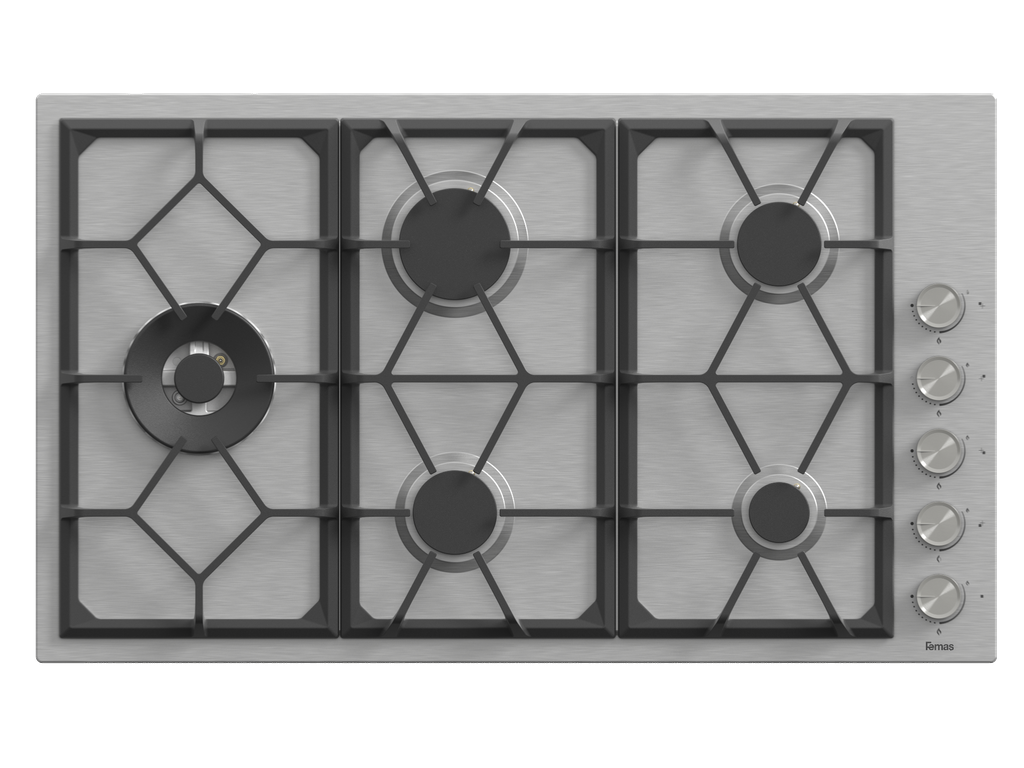 90 cm Basic, 5 Gas Burner, Heavy duty cast grille, Side Knobs